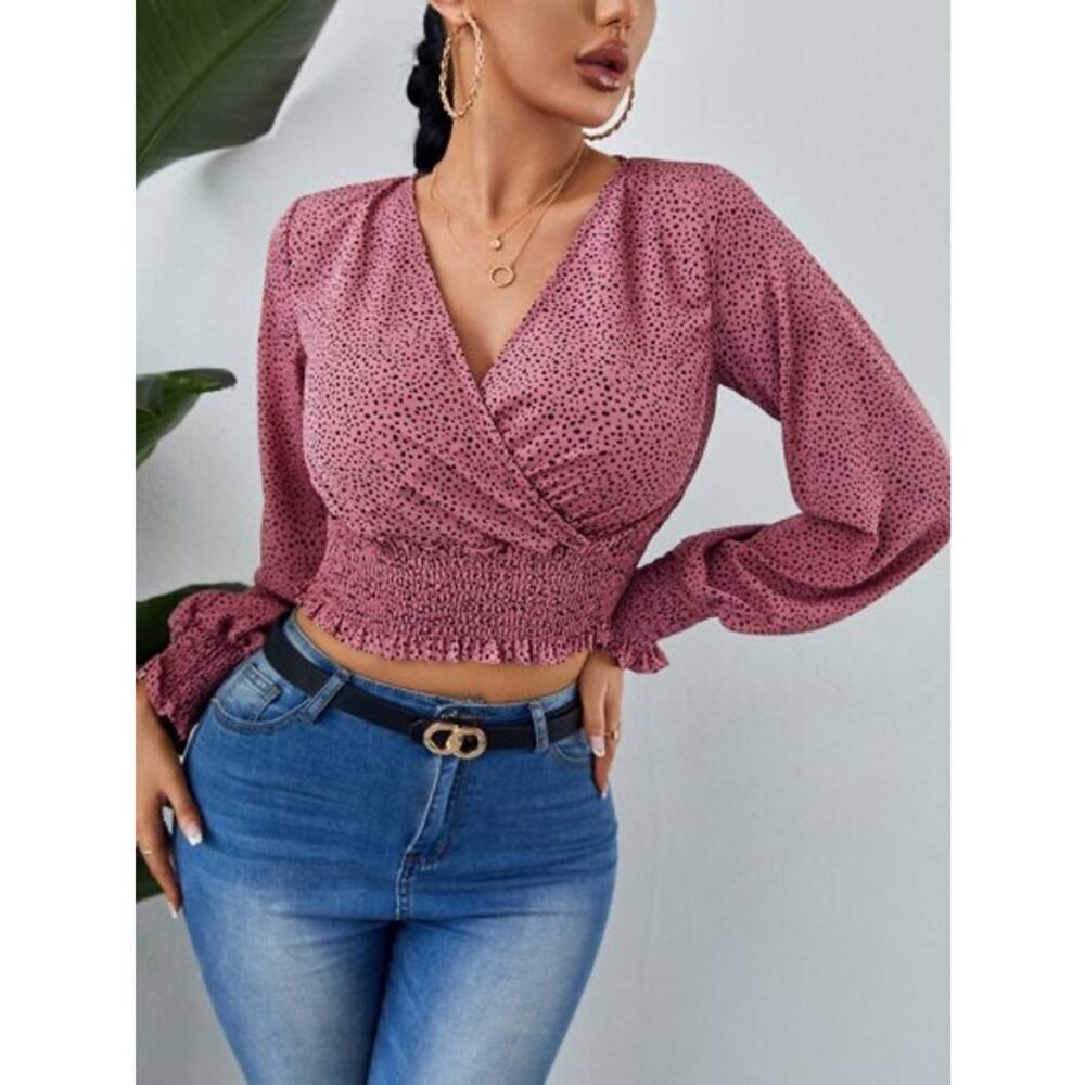 NEW SHEIN Pink Smocked Wrap Blouse Medium Long Sleeve Dot Print Feminine Top